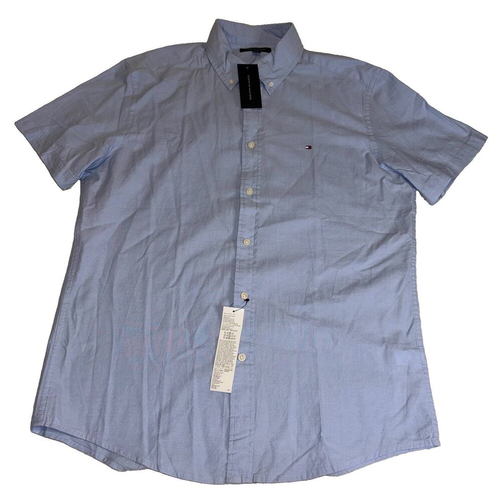 NWT Tommy Hilfiger Men Short Sleeve Button Down Shirt Light Blue Classic Size L